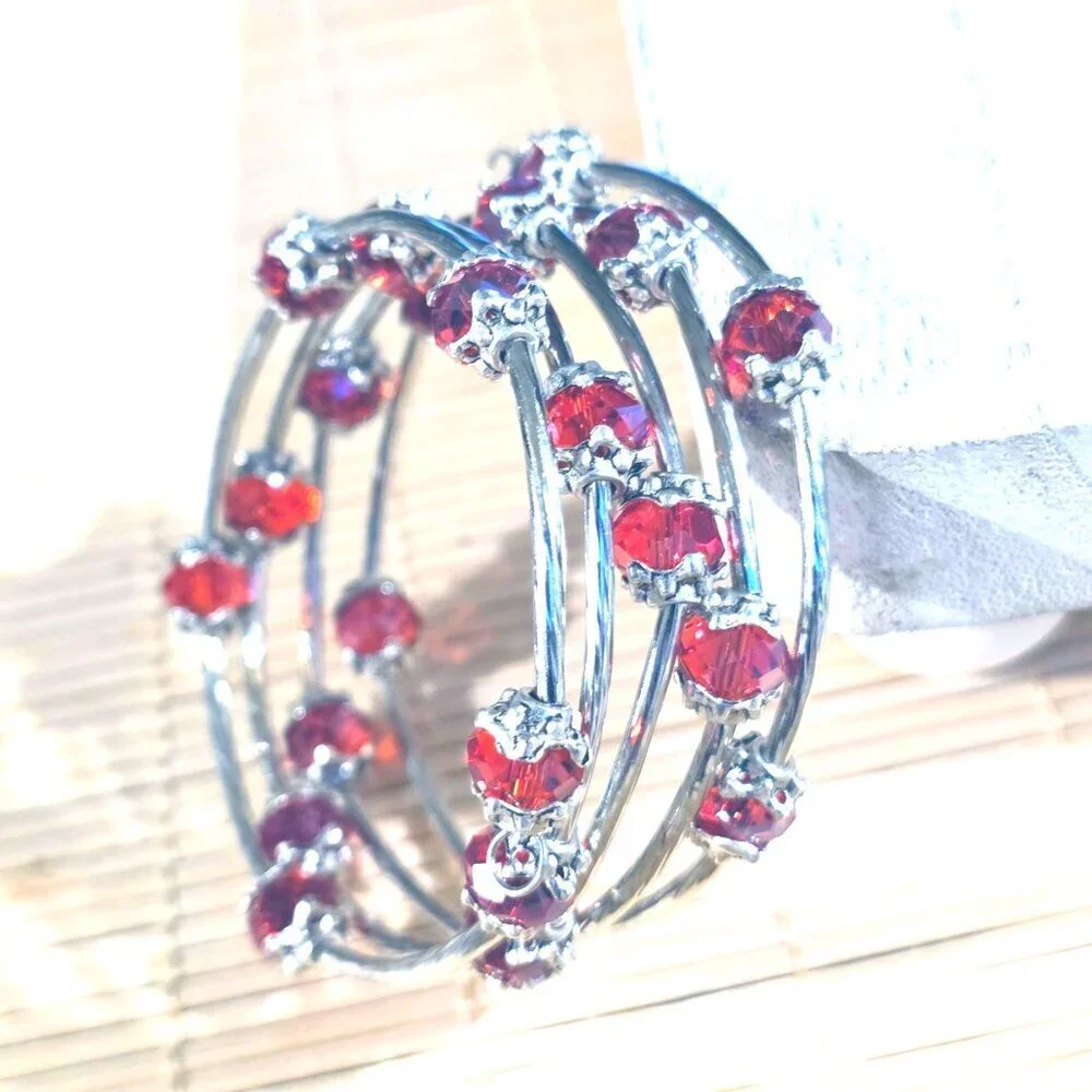 Red Faceted Crystal Rondelle Beads Silver Metal Handcrafted Wrap Bracelet